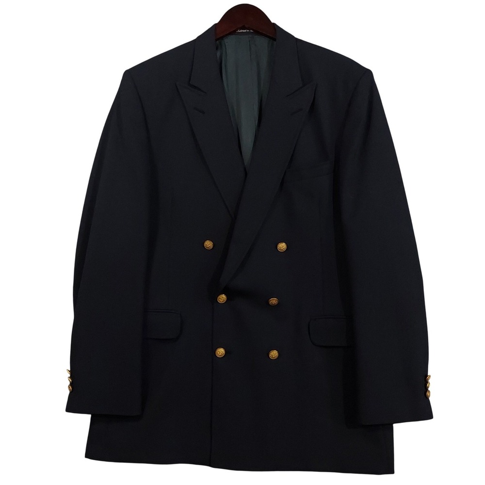 Stafford Blazer Men 43L Navy Blue Double Breasted Gold Crest Buttons USA